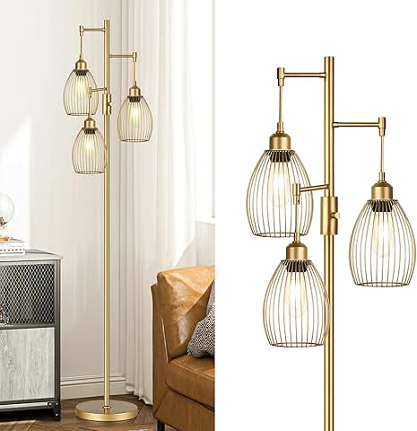 Dimmable Gold Floor Lamp with Teardrop Cages