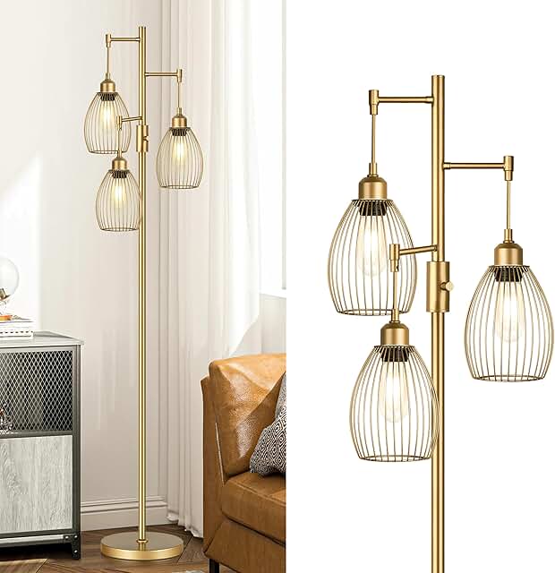 Dimmable Gold Floor Lamp with Teardrop Cages