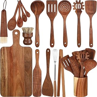 18-Piece Wooden Kitchen Utensils Set with Holder