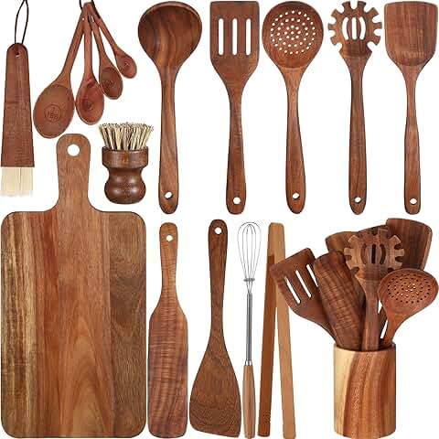 18-Piece Wooden Kitchen Utensils Set with Holder