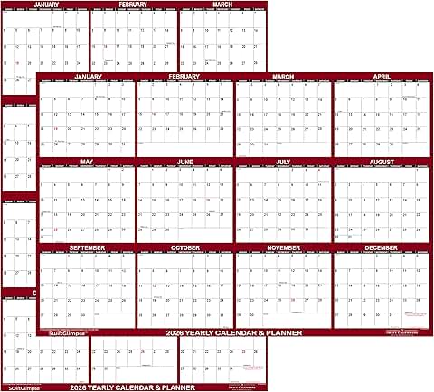 Large 2026 Wall Calendar, Erasable, Reversible, Maroon
