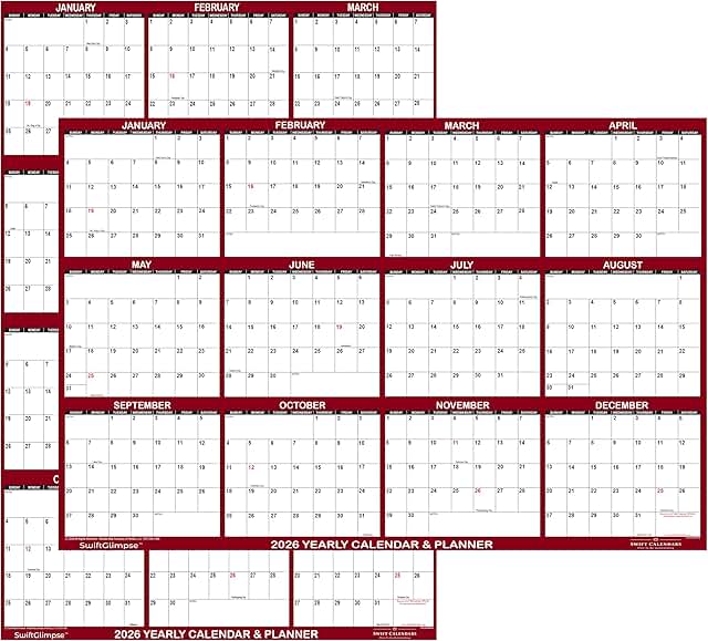 Large 2026 Wall Calendar, Erasable, Reversible, Maroon