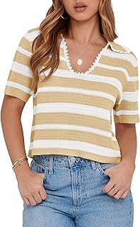 Women's Short Sleeve Striped V-Neck Polo Top