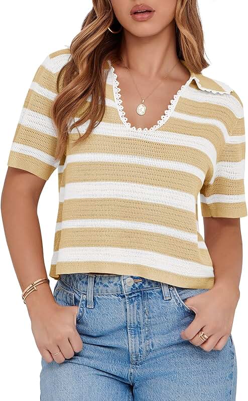 Women's Short Sleeve Striped V-Neck Polo Top