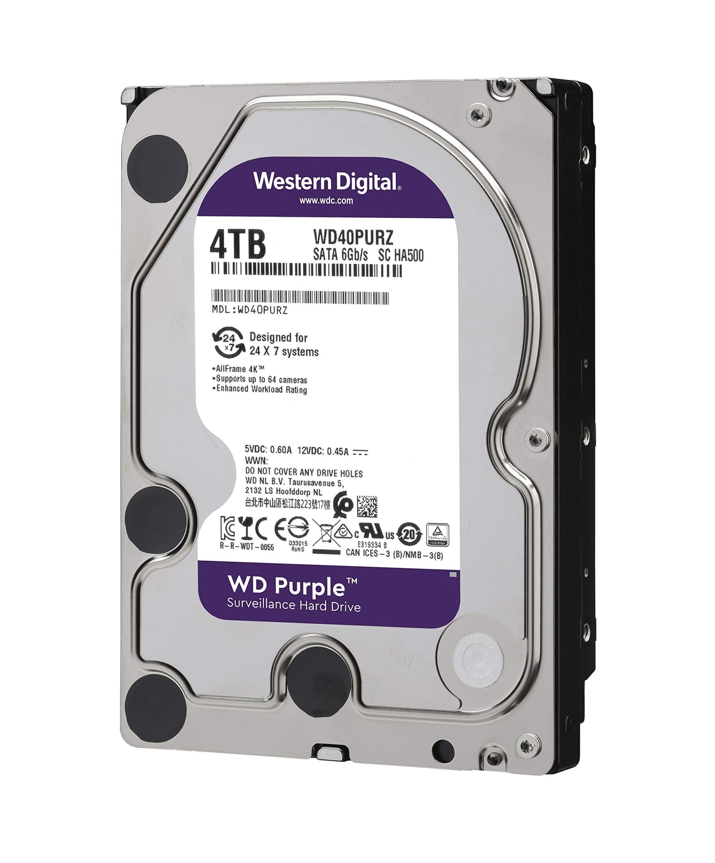 4TB WD Purple Surveillance Internal Hard Drive HDD - SATA 6 Gb/s, 64 MB Cache, 3.5" - WD40PURZ