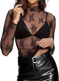 Women's Lace Long Sleeve Sheer Mesh Blouse