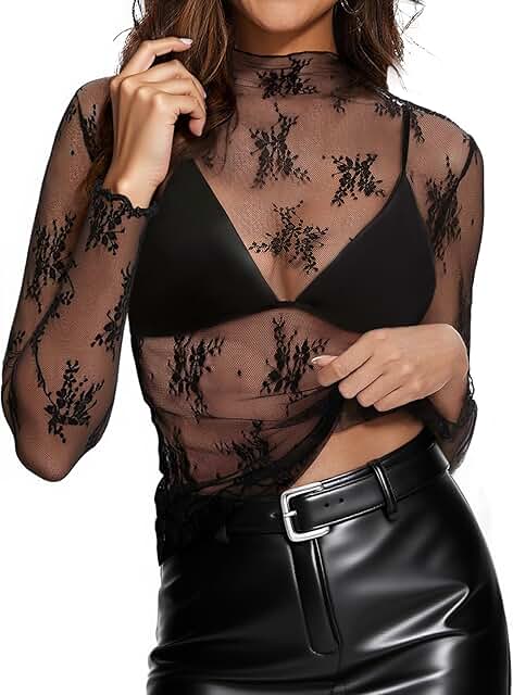 Women's Lace Long Sleeve Sheer Mesh Blouse
