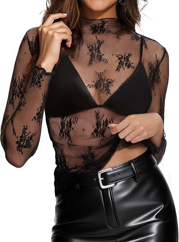 Women's Lace Long Sleeve Sheer Mesh Blouse