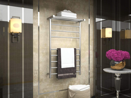 Eve 8 Bar Wall Mounted Towel Warmer with Top Shelf in Brushed Nickel  Energy Efficient 93W Electric Plug in Heated Towel Rack for Bathroom  Steel Towel Heater Rail On/Off Switch  TW-AZ012BN