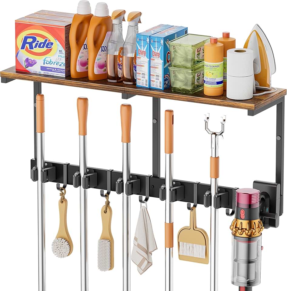 Wall Mount Broom and Cleaning Supplies Organizer