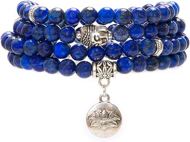 Long Mala Beads Necklace with Lotus and Buddha Charms