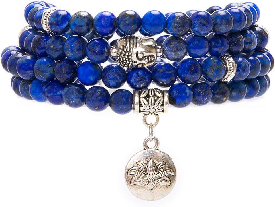 Long Mala Beads Necklace with Lotus and Buddha Charms