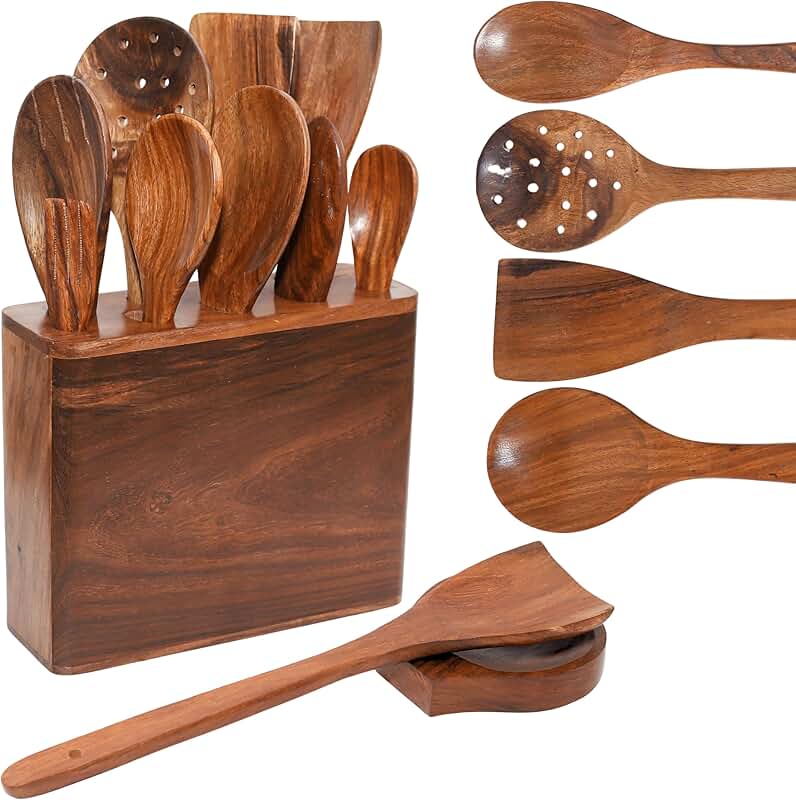 Set of 8 Wooden Cooking Spoons with Holder