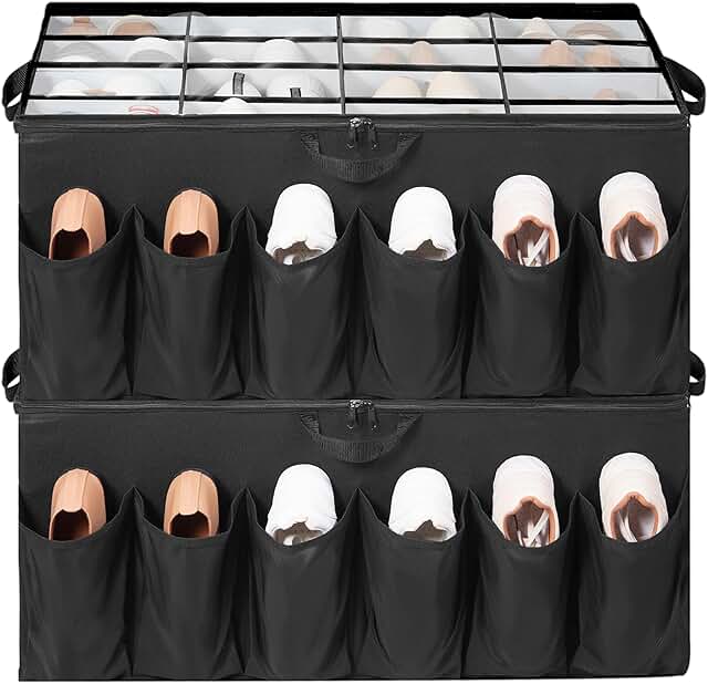 2-Pack Shoe Organizer with Clear Cover and Adjustable Dividers
