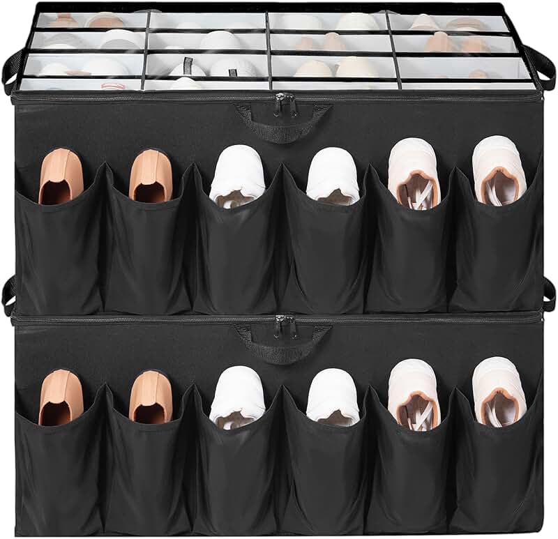 2-Pack Shoe Organizer with Clear Cover and Adjustable Dividers