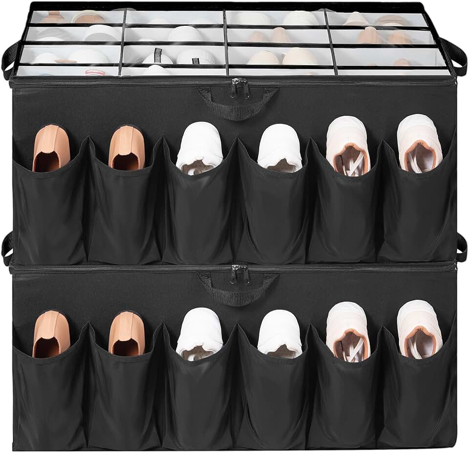 2-Pack Shoe Organizer with Clear Cover and Adjustable Dividers