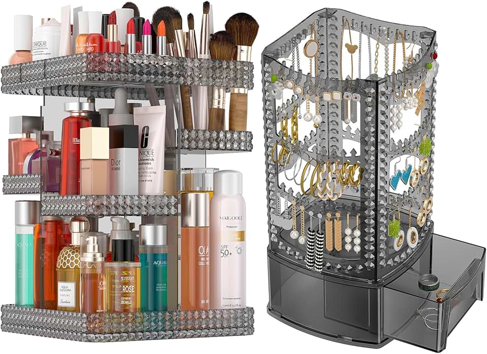 Two-piece 360° rotating acrylic jewelry and makeup organizer