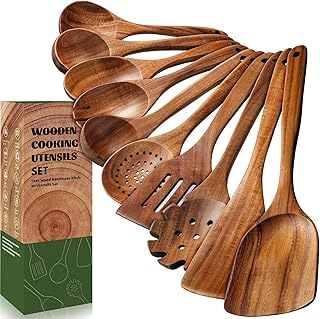 Set of 10 natural teak wooden cooking spoons