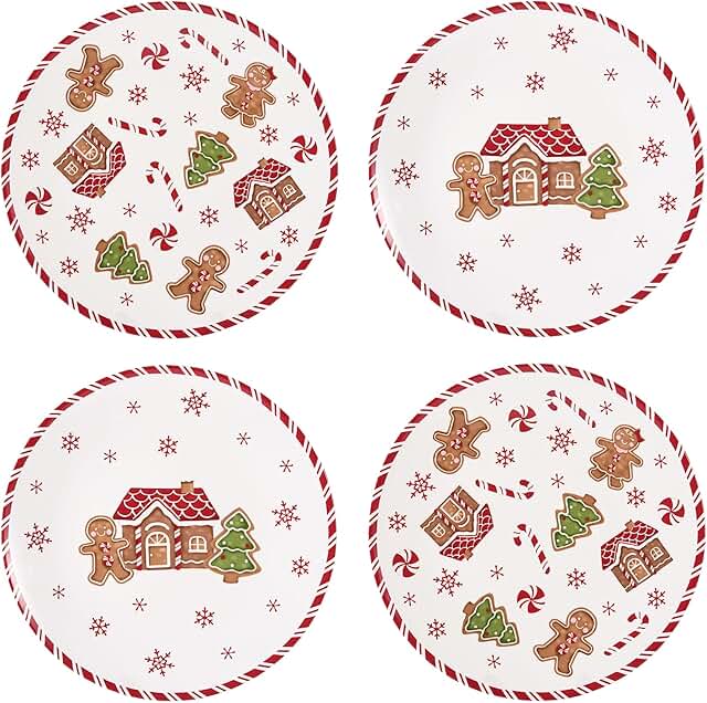 Set of 4 large 11-inch ceramic gingerbread man dinner plates