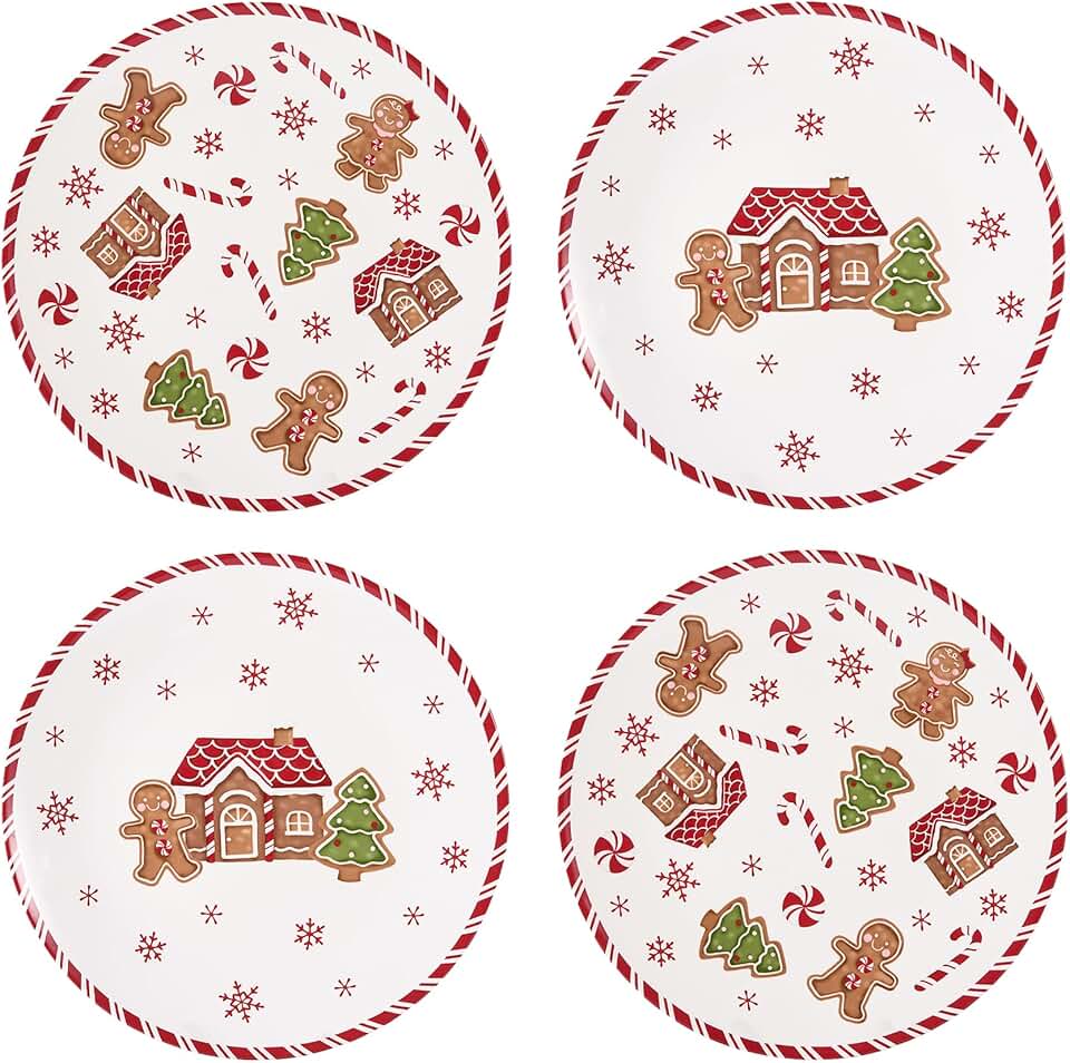 Set of 4 large 11-inch ceramic gingerbread man dinner plates