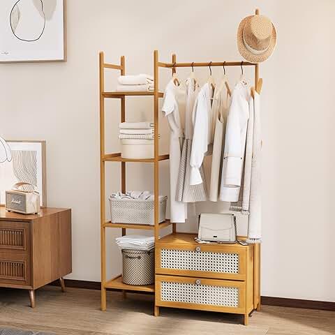 Bamboo Clothes Rack with Drawers and Shelves