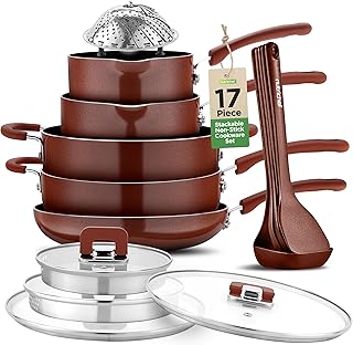 17-Piece Nonstick Stackable Cookware Set with Steamer and Utensils