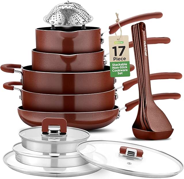 17-Piece Nonstick Stackable Cookware Set with Steamer and Utensils
