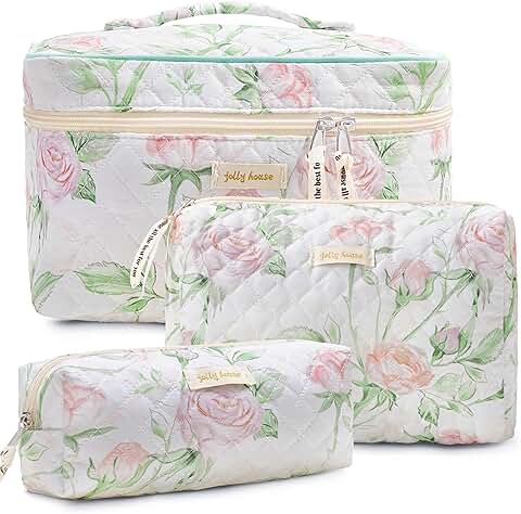 Set of three quilted cotton travel makeup and toiletry bags