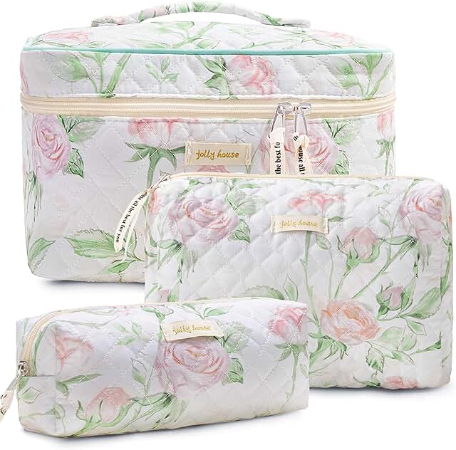 Set of three quilted cotton travel makeup and toiletry bags
