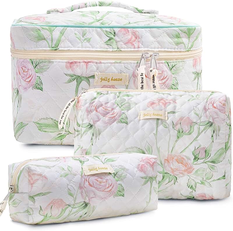 Set of three quilted cotton travel makeup and toiletry bags