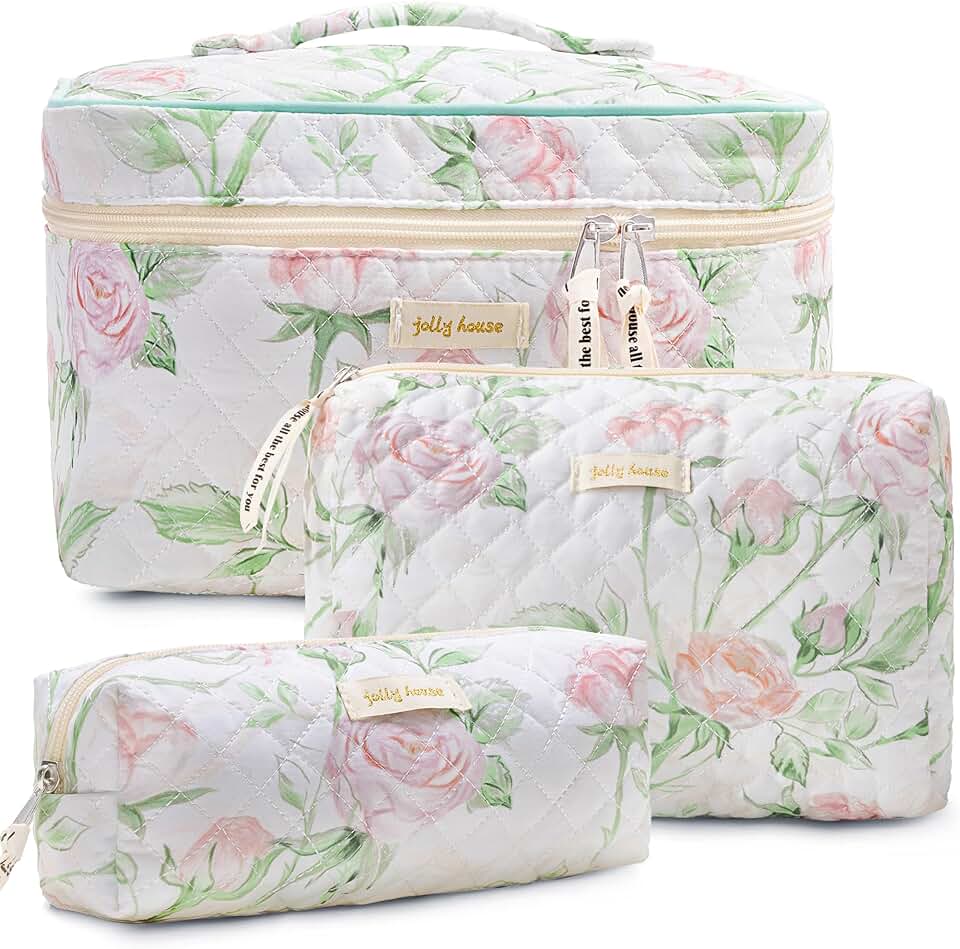 Set of three quilted cotton travel makeup and toiletry bags