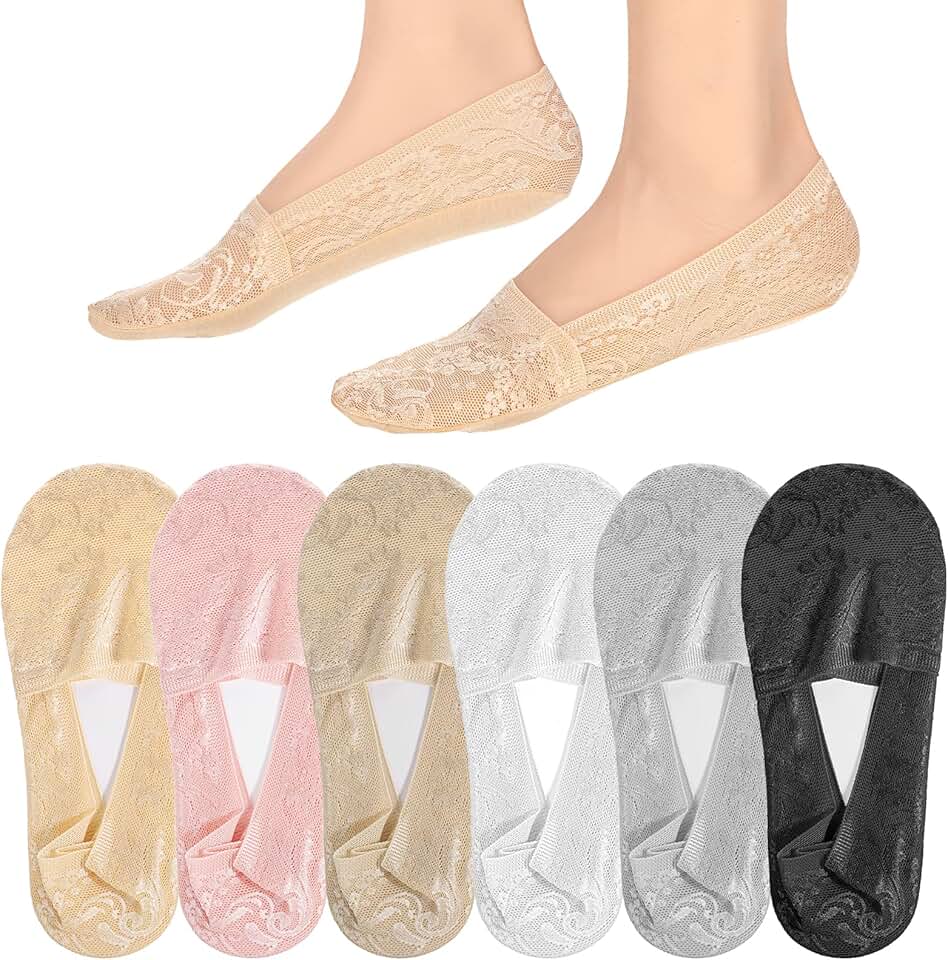 Six Pairs of Women's No Show Lace Boat Socks
