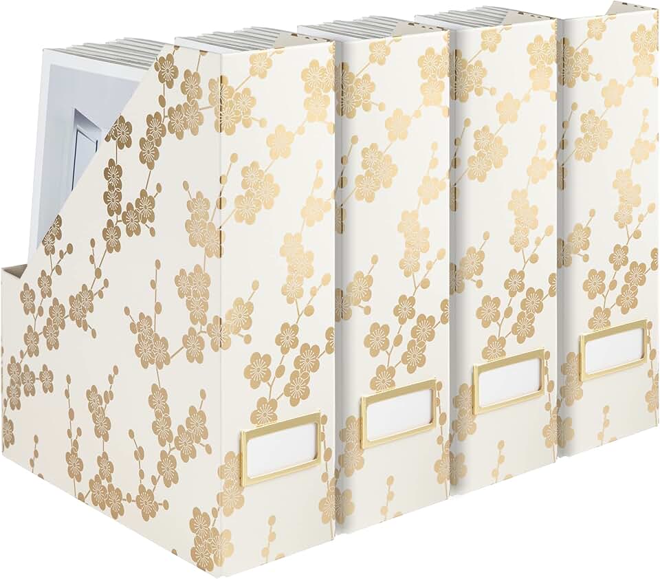 Set of 4 foldable magazine storage boxes with gold floral pattern