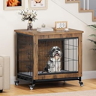 Dog Crate Furniture with Wheels and Cushion