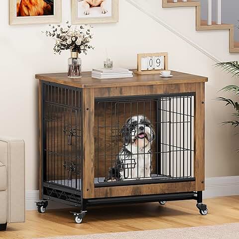 Dog Crate Furniture with Wheels and Cushion