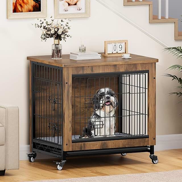 Dog Crate Furniture with Wheels and Cushion