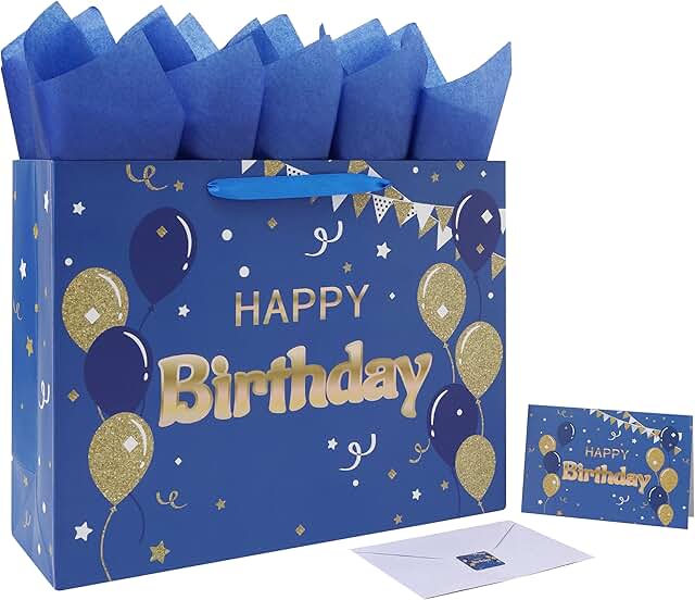 Large Blue Happy Birthday Gift Bag with Card and Tissue