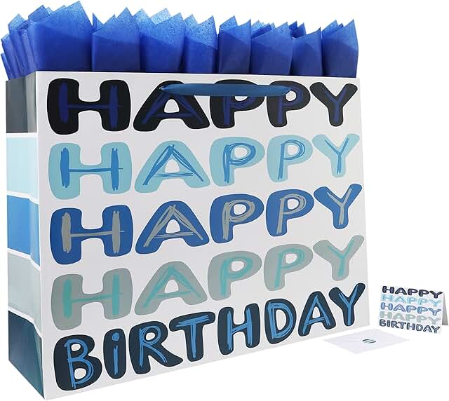Large Blue Happy Birthday Gift Bag with Handles and Accessories