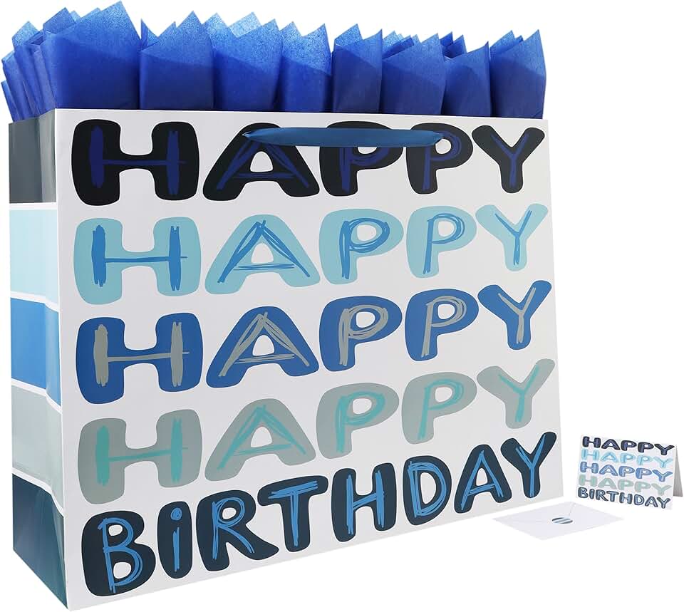 Large Blue Happy Birthday Gift Bag with Handles and Accessories