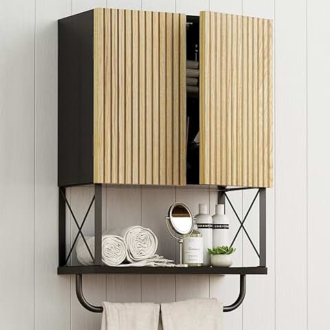 Black Fluted Wall-Mounted Bathroom Cabinet with Towel Bar