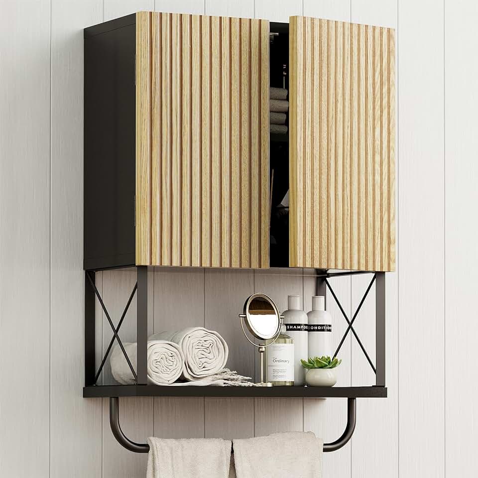 Black Fluted Wall-Mounted Bathroom Cabinet with Towel Bar
