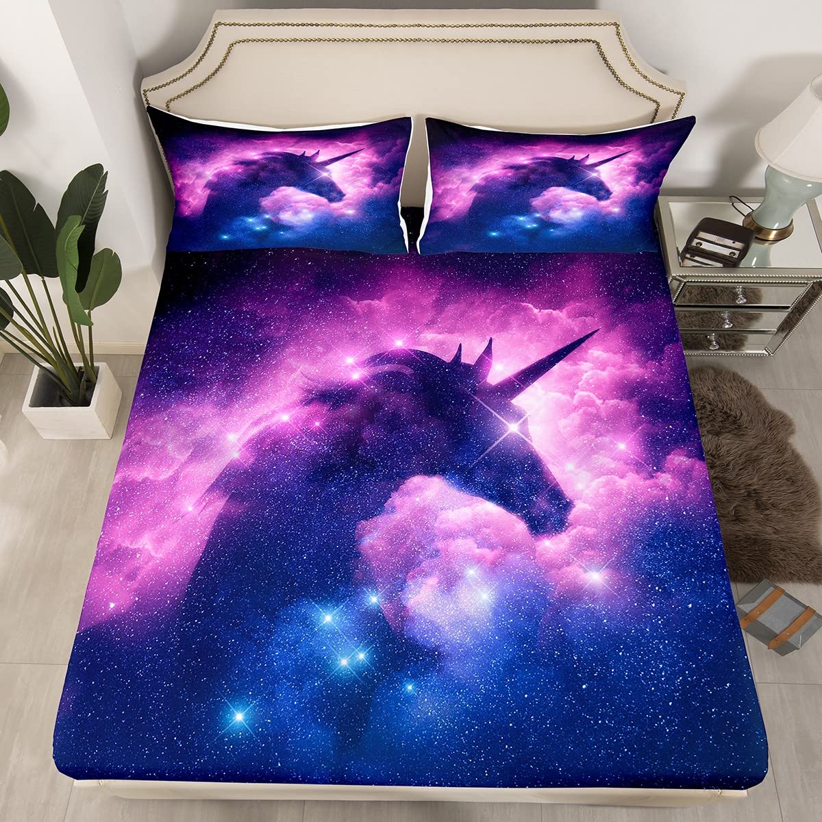 Unicorn Fitted Sheet Full Size, axy Sheet Set, Starry Sky Horse Bedding Set for Kids Boys Girls, Modern Fashion Soft Breathable Home Room Decor, 1 Flat  1 Fitted Sheet With 2 Pillow Shams Purple