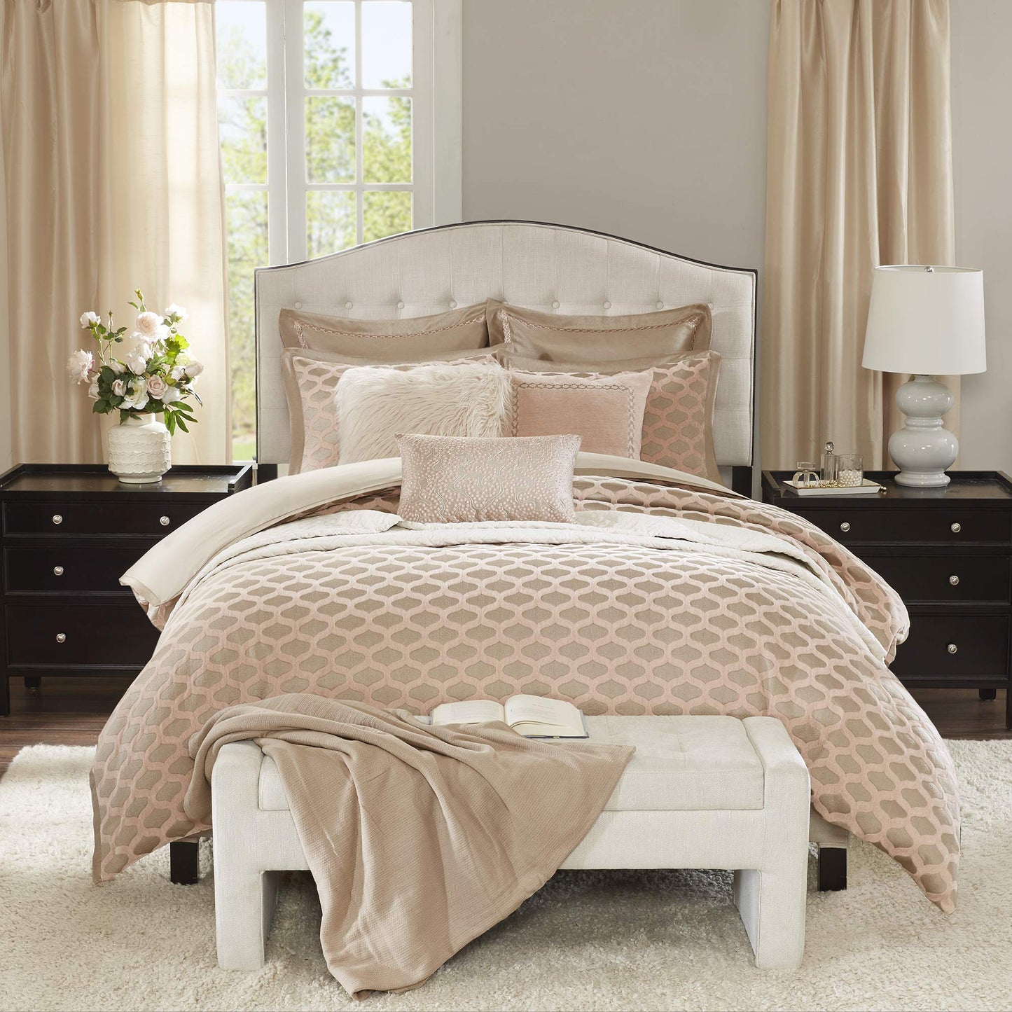 Romance Cozy Comforter Set  All Season Bedding Combo Filled Insert and Removable Duvet Cover, Shams, Decorative Pillows, Ogee Pink Queen(92"x96") 9 Piece