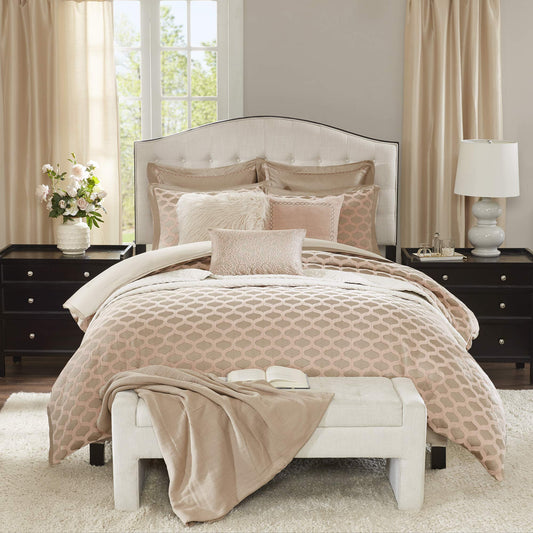 Romance Cozy Comforter Set  All Season Bedding Combo Filled Insert and Removable Duvet Cover, Shams, Decorative Pillows, Ogee Pink Queen(92"x96") 9 Piece