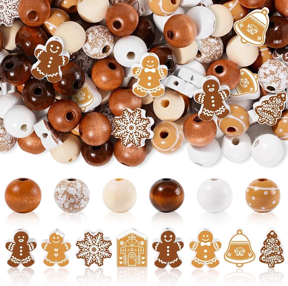 200 Christmas Wooden Beads for Crafts and Decor