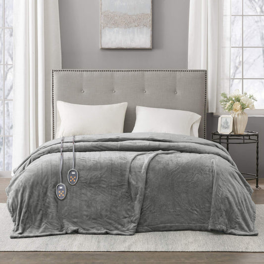 Plush Electric Blanket for Cold Weather, Fast Heating, Auto Shut Off, Virtually Zero EMF, Multi Heat Setting, UL  Machine Washable, Grey King 90 inx100 in)