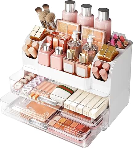 Large Clear Makeup Organizer with Drawers and Brush Holder
