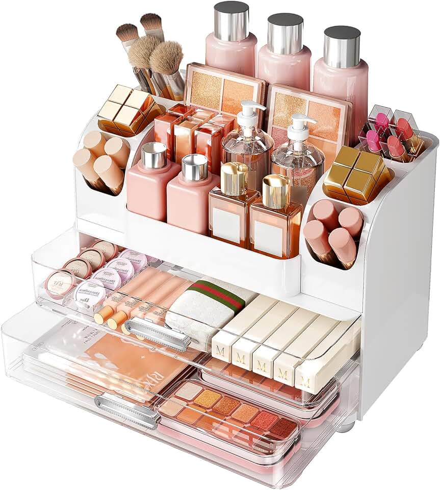 Large Clear Makeup Organizer with Drawers and Brush Holder
