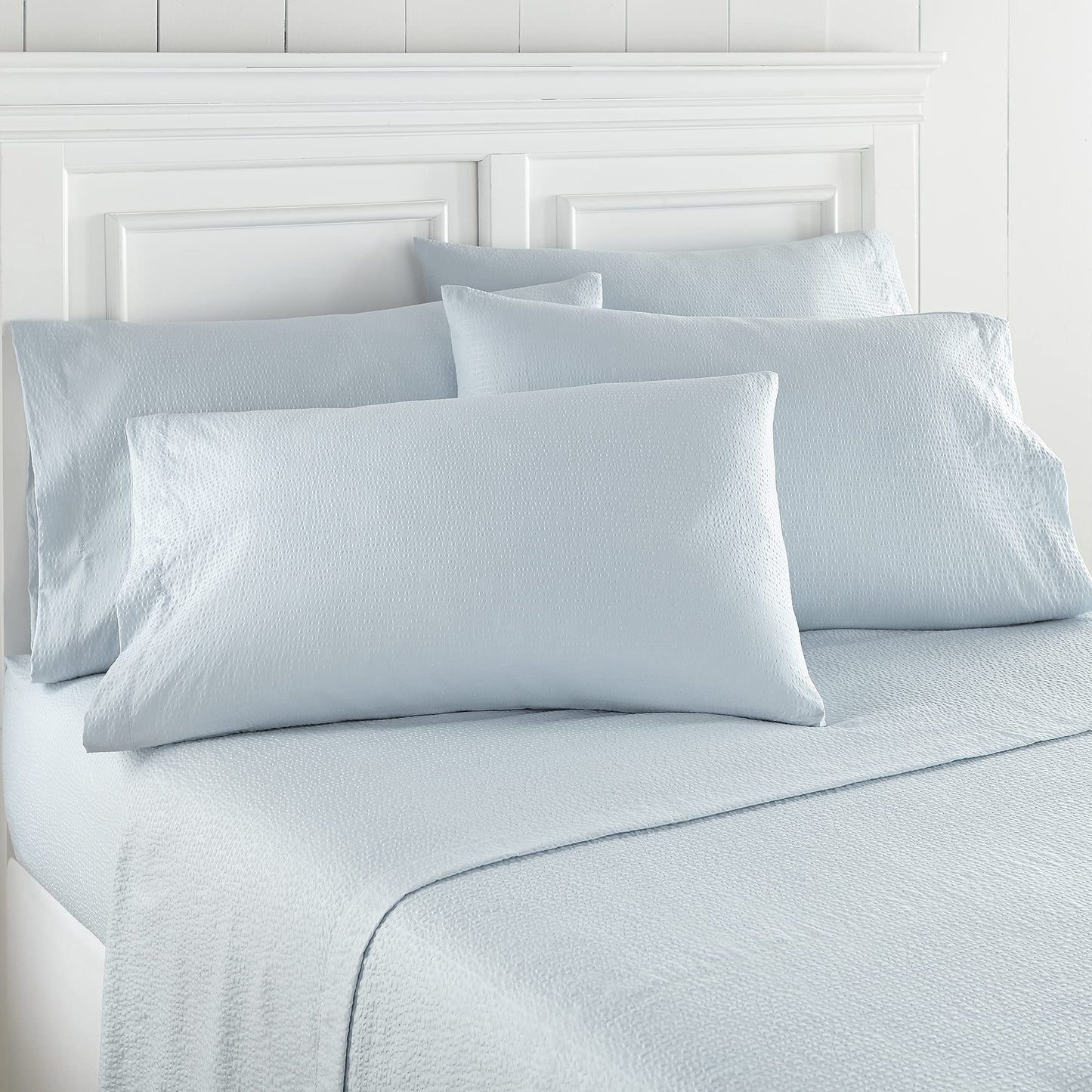 Seersucker Sheet Set with Extra Pillowcases, Full 6-Piece, Cool Breathable Bedding, Fitted and Flat Sheet, Machine Wash/Dry, Sky Blue