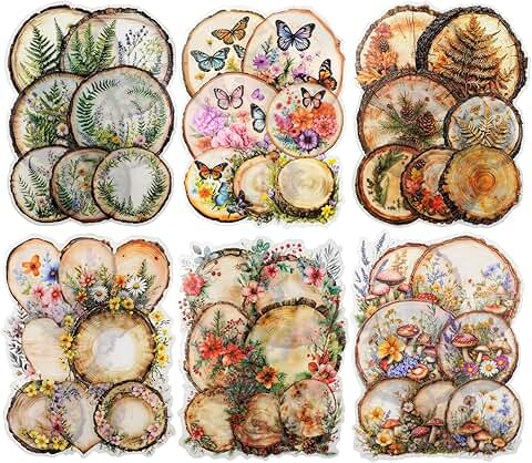 Set of 60 Nature-themed PET Stickers with Flowers, Mushrooms, and Butterflies